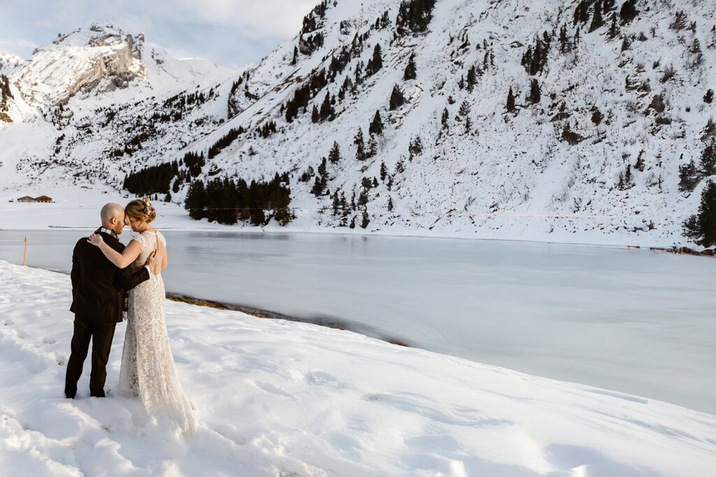 Romantic alpine wedding couple portrait