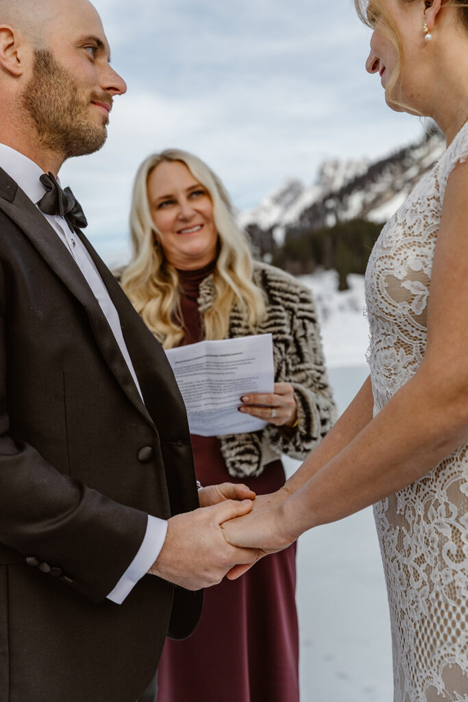 Romantic Chamonix elopement couple mountain view