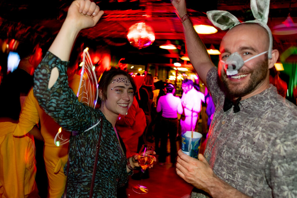 Dancing in fancy dress at a corporate event in Chamonix